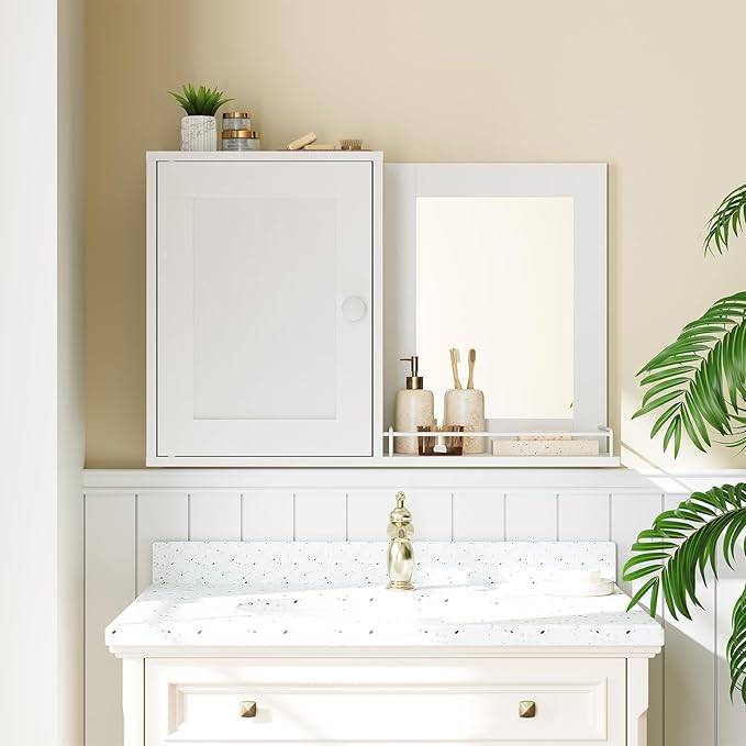 Medicine Wall Cabinet with Mirror, Bathroom Mirror with Storage, Medicine Cabinet Mirror, Wall Mounted Home Storage, Adjustable Shelf, for Laundry Room, Bedroom, Camper, Hallway, White