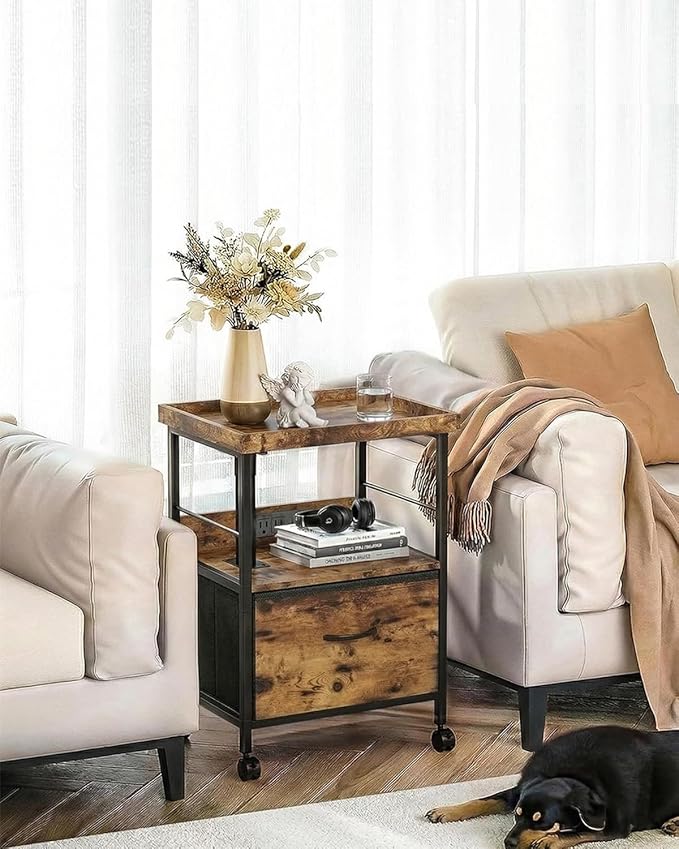 Swivel Lift Top Nightstand with Charging Station, Vacuum Forming Adjustable Bedside Table, Rolling Night Stand with Wheels, Small End Table with Fabric Drawer, for Bedroom, Living Room, Rustic