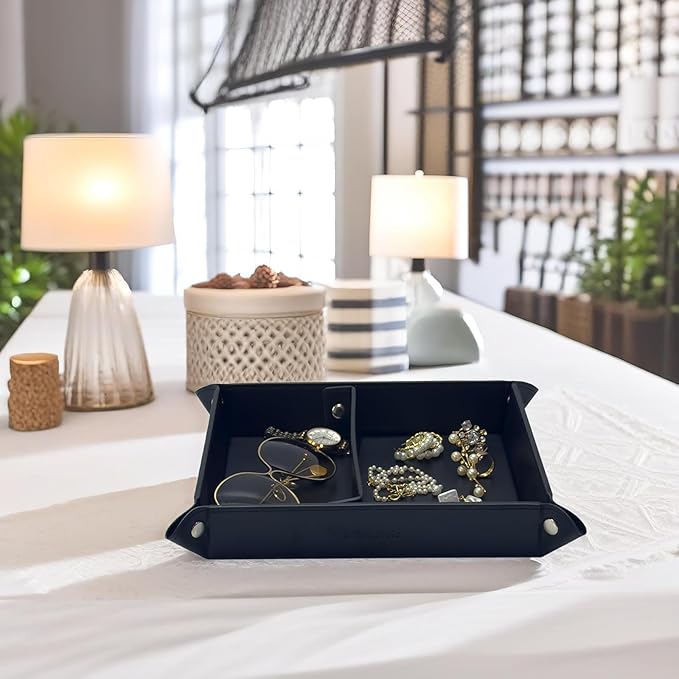 UnionBasic Medium Valet Tray, Jewelry Tray for Rings Watches Earrings, Entryway Catchall Caddy for Coins Keys Change, Nightstand Bedside Valet Holder, Trays for Electronic Gadgets, Black Plus