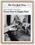 iHery Every Hour is Happy Hour Framed Trendy NewsPaper Wall Art, Natural OAK Wood Large 16x20in Canvas Wall Decor For Bedroom, Retro New York News Prints for Girl Dorm Living Room Home 1Pack