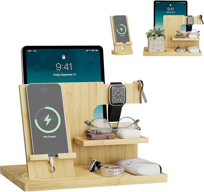 Semiocthome Wood Phone Docking Station with Separate Phone Stand, Bedside Organiser Desk Organiser Presents for Him or Her Anniversary, Birthday Presents for Men Dad Husband Boyfriend Son - Beige