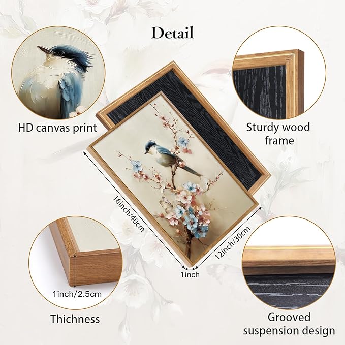 CHDITB Bird and Blossom Framed Canvas Wall Art Set Of 3, Vintage Floral Wall Decor, Retro Nature Avian Floral Wall Painting, Neutral Botanical Birds Art Prints for Dining Room Bedroom Decor 12”x16”