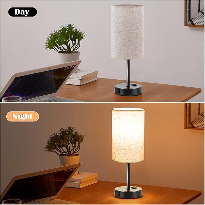 ZJOJO Table Lamp for Bedroom Set of 2, Bedside Small Lamps with 3 Way Dimmable Rocker Switch and AC Outlet, Nightstand Desk Lamp with Flaxen Fabric Shade Black Base for Living Room Home Decor Lights