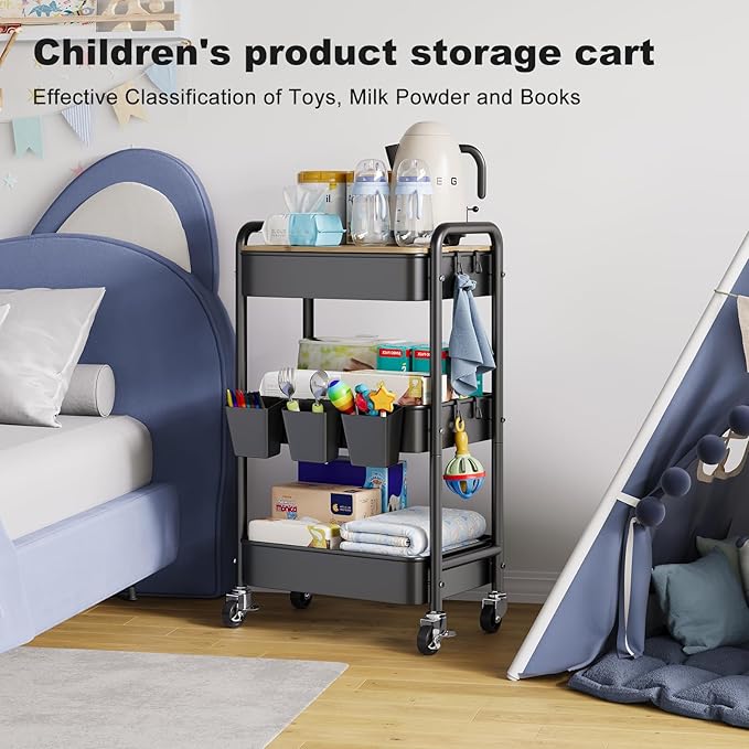 3 Tier Rolling Cart with Wood Table Top, Rolling Cart Table on Lockable Wheels,Rolling Side Table with Storage, Black Utility Carts for Arts and Crafts, Dorm, Medica, Laundry Room, Roller Book Shelf