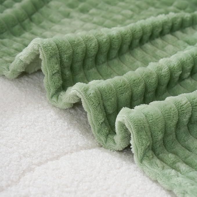 Puncuntex Flannel Fleece Throw Blanket Sage Green 90"×90",Super Soft Plush Cozy Blanket with Square Grid Design Luxury for Couch Sofa Chair