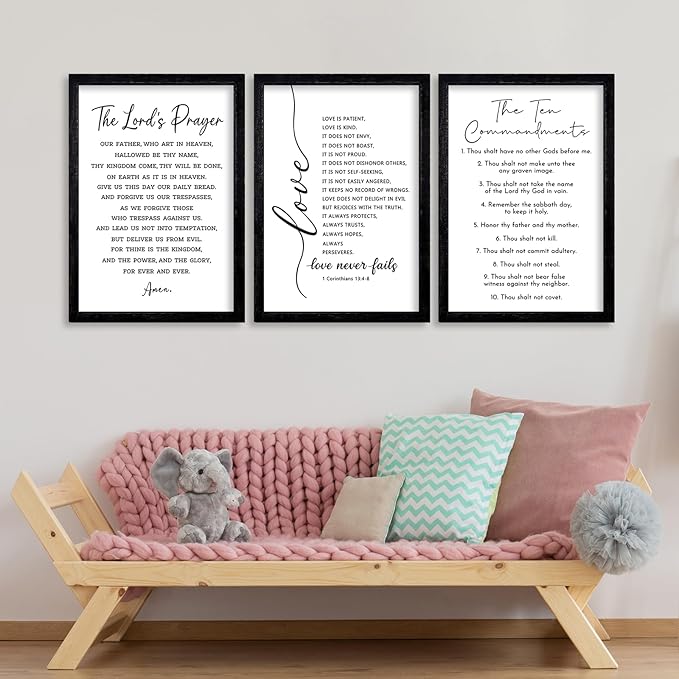 comurdyo Christian Bible Verse Wall Art 24"×16" Set of 3 Positive Religious Minimalist Quotes Sign for Rustic God Jesus Christ Prayer Inspirational Catholic Scripture Decor Wood Framed Hanging (Black)