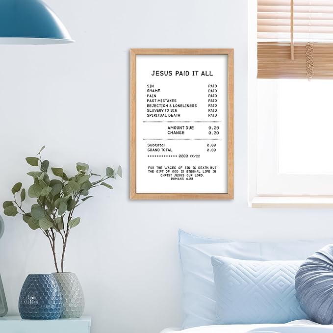YWMZYKJGS Romans 6:23 Wall Art 16"×11" Jesus Paid It All Wall Decor Scripture Bible Verse Sign Gospel Tracts Religious Salvation Modern Funny Wood Framed Hanging (Wood)