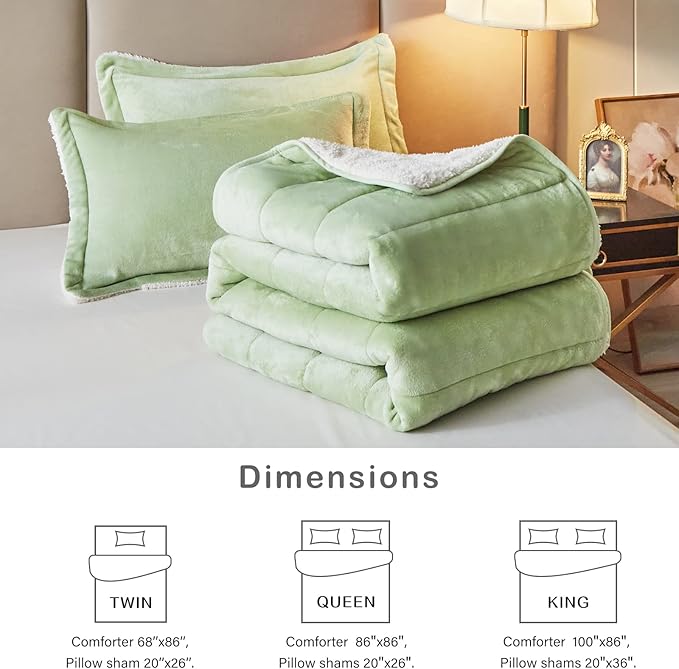 3-Layer Luxury Flannel Fleece Thick Bed Blanket King Size, Soft Plush Velvet Sherpa Blanket with 2 Pillow Shams Heavy Warm for Winter, Breathable n Washable, Mint Green