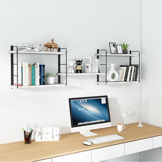 Wall Shelves, Wall Mounted Bookshelves, DIY Floating Shelves for Wall, Wood Hanging Book Shelves for Room, Bedroom, Living Room, Easy Installation (Washed White, 50W x 17H)