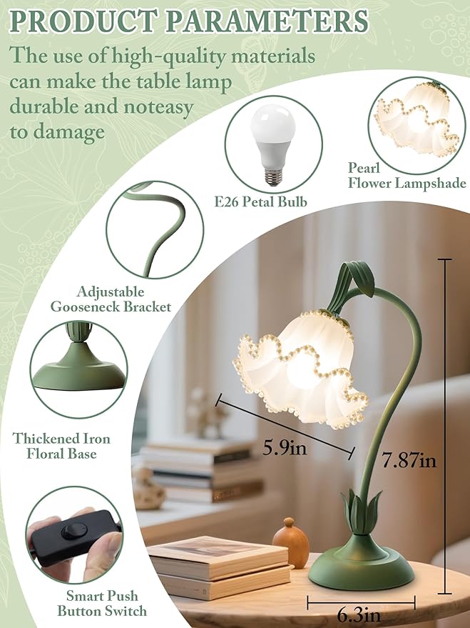 Flower Table Lamp,LED Reading Light Bedside Vintage Flower Night Light,3 Colors Modes Kawaii Bedside Lamps Decor,Living Room Bedroom Room Lighting Table Lamps Home Decoration (Green Pearls)