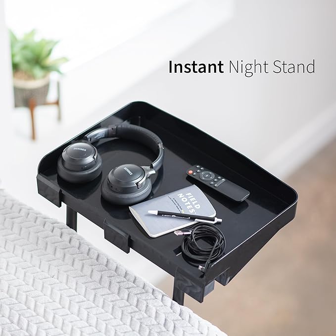 Height Adjustable Under Mattress 17 inch Bedside Shelf, Works with Lofts and Beds Without Frames, Heavy Duty Storage Tray, Fits Laptops, Books, and Drinks, Nightstand Alternative, Black