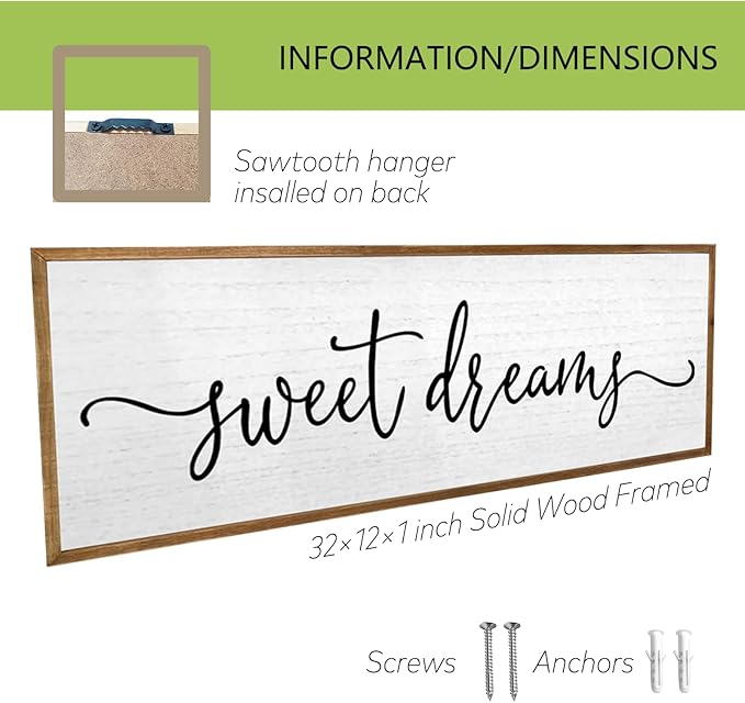 Sweet Dreams Wall Decor Above Bed Sign 32''×12'' Large Wood Framed Master Bedroom Guest Room Sweet Dreams Signs Farmhouse Rustic Wall Art Decoration (Wood)