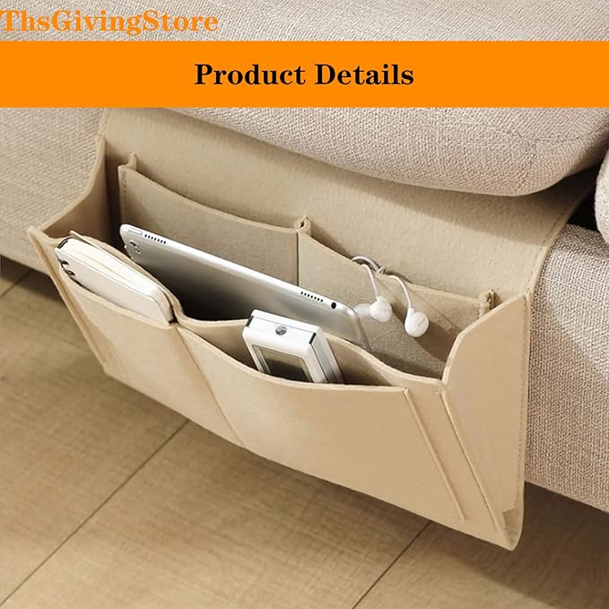 2pcs Felt Bedside Caddy Storage Bag with 5 Pockets, Bed Sofa Hanging Organizer for Magazines Books Glasses, College Dorm Bed Organization Bedroom Organizer (Beige+Brown)
