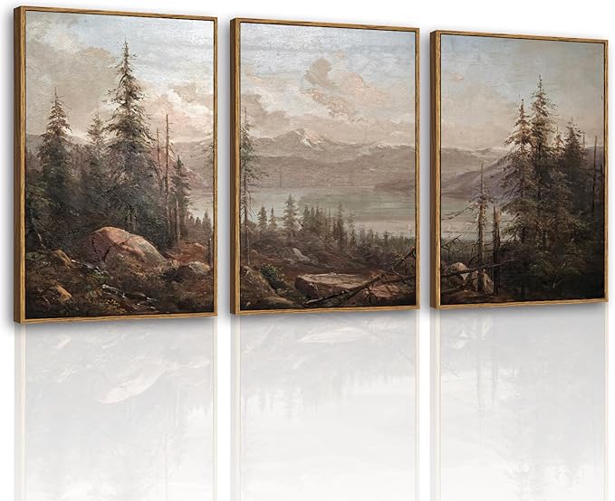 VIYYIEA Large Framed Canvas Wall Art, 3 Pcs, Living Room Vintage Landscape Decor, Nature Wall Art Bedroom Above Bed Decor, Country Retro Pictures, 16x24inch, Set of 3