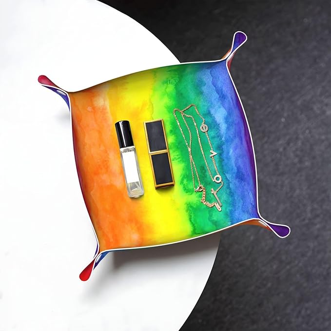 Rainbow Wash Leather Vanity Tray Desktop Storage Organizer, Decorative Catchall Perfume Tray, Bathroom Valet Tray,Nightstand Caddy Holder for Keys Phone Wallet Coin Jewelry, S