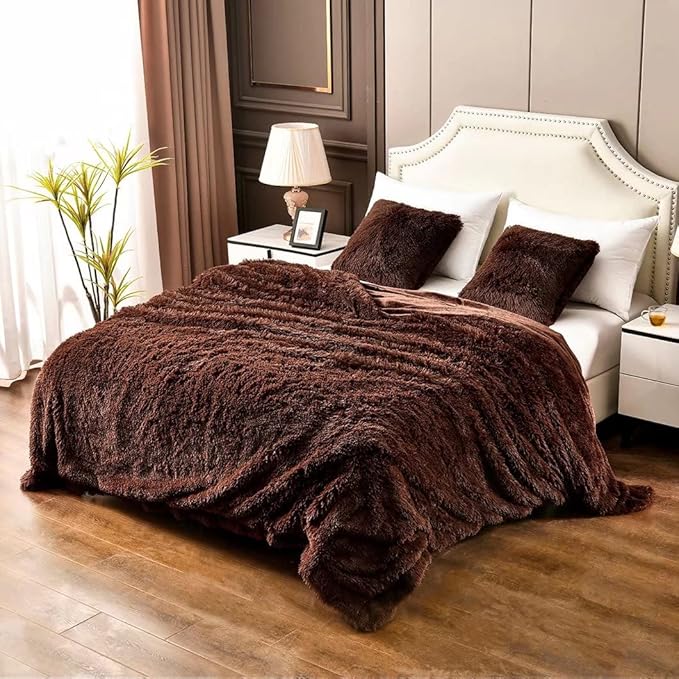 YUSOKI Brown King Faux Fur Winter Blanket,2 Layers,90"x104",Without Pillows Big Soft Plush Fuzzy Large Warm Fluffy Blanket for Bed
