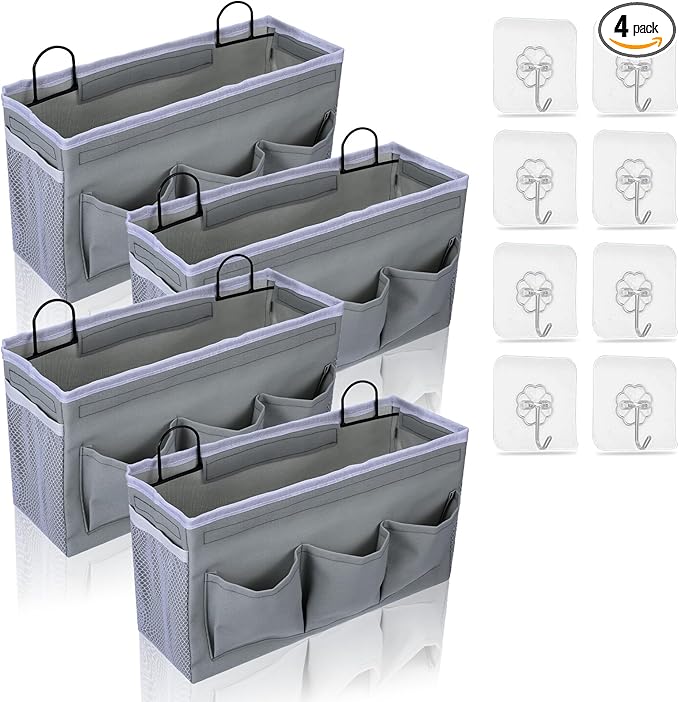 4pcs 3-pockets Wall Hanging Storage Bag, Bedside Caddy Organizer Bags,Bed Caddy Linen Fabric Door,Baskets with Pockets and Fixed Straps Waterproof Bin for Kitchen, Bedroom,Office,Hospital Beds