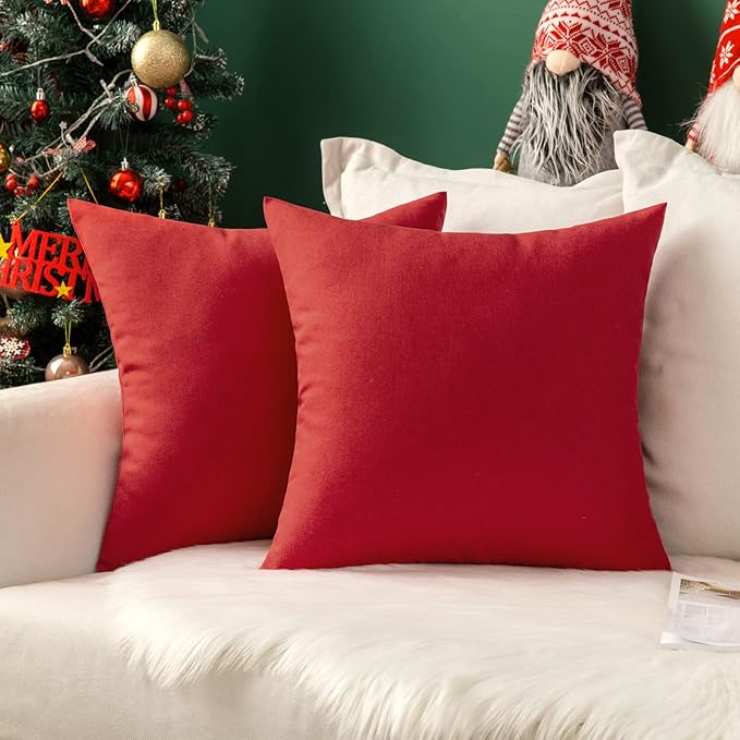 MIULEE Pack of 2 Decorative Outdoor Solid Waterproof Throw Pillow Covers Faux Linen Garden Farmhouse Cushion Cases for Summer Patio Tent Balcony Couch Sofa 12x12 Inch Red