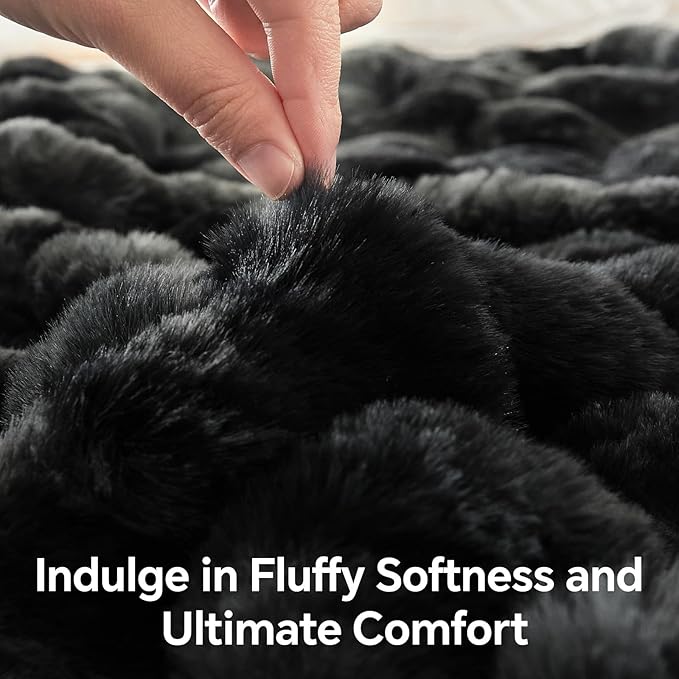 BEDELITE Faux Fur Throw Blanket for Couch, Decorative Tie-Dye Black Plush Bubble Blanket - Super Soft & Cozy Fluffy Faux Rabbit Fur Blanket for Women Gift, 50x60 Inches