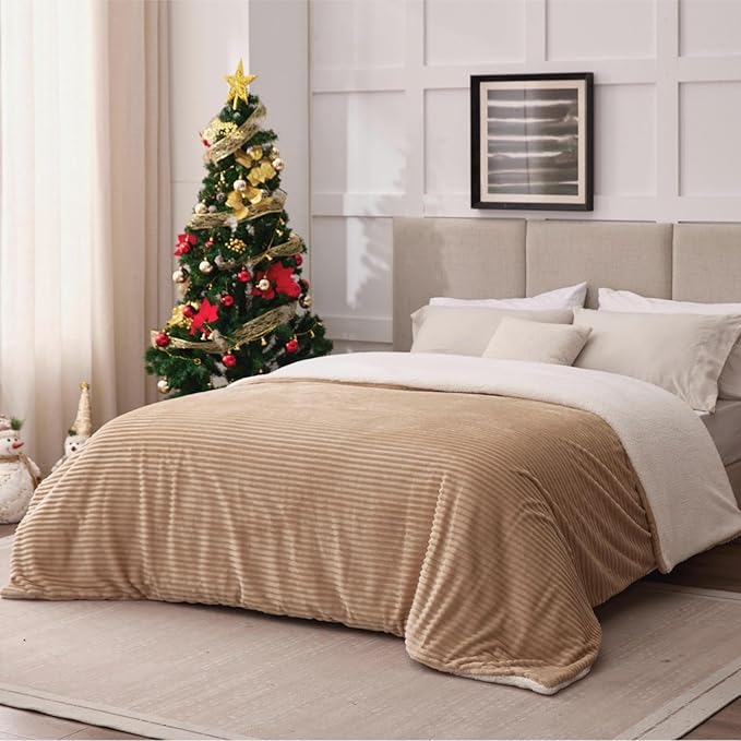Sherpa Throw Blanket for Couch - Soft Cozy Fleece, Warm for Winter, Reversible for Sofa, 50 x 60 Inches, Khaki