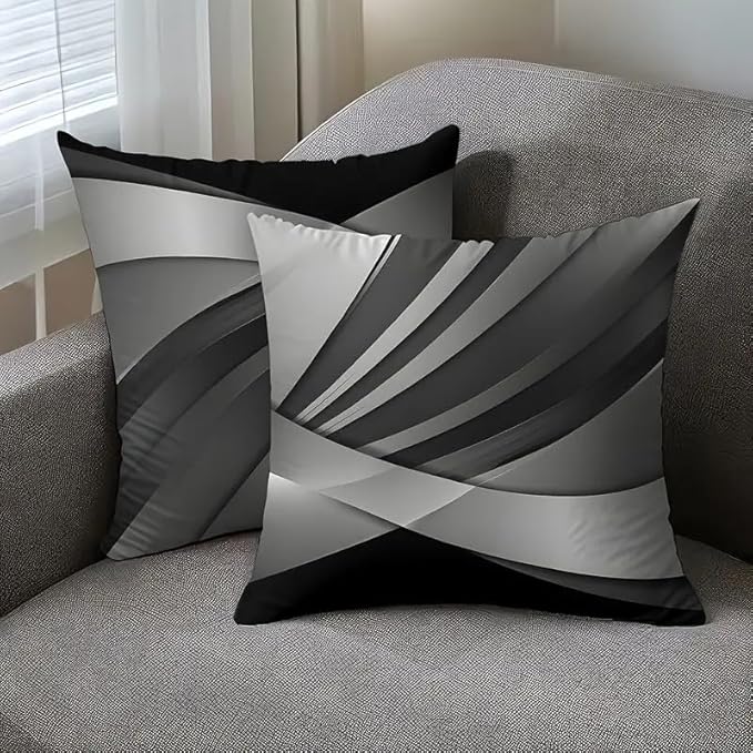 2pcs Modern Abstract Decorative Throw Pillow Cover, Black and Gray Geometric Pattern, Contemporary Home Decor Cushion Case，18x18 Pillows Linen Pillowcase