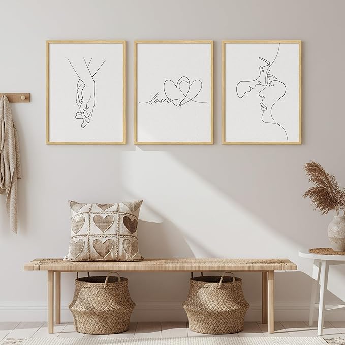 Framed Minimalist Line Love Bedroom Wall Art, 3 Piece Couple & Heart Prints Artwork for Walls, Modern Romantic Simple Black and White Painting Picture for Couple Bedroom Hallway Wall Decor, 12x16 Inch