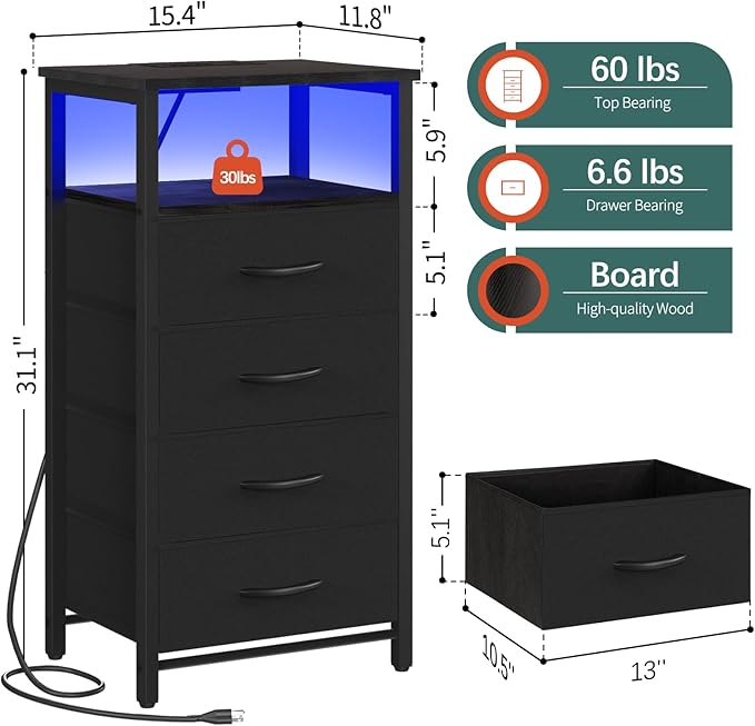 Yoobure Night Stand - Small Dresser for Bedroom, LED Black Nightstand with Charging Station, Bedside Table with 4 Fabric Drawers and Open Shelf, Vertical Dressers with USB Ports and Outlets