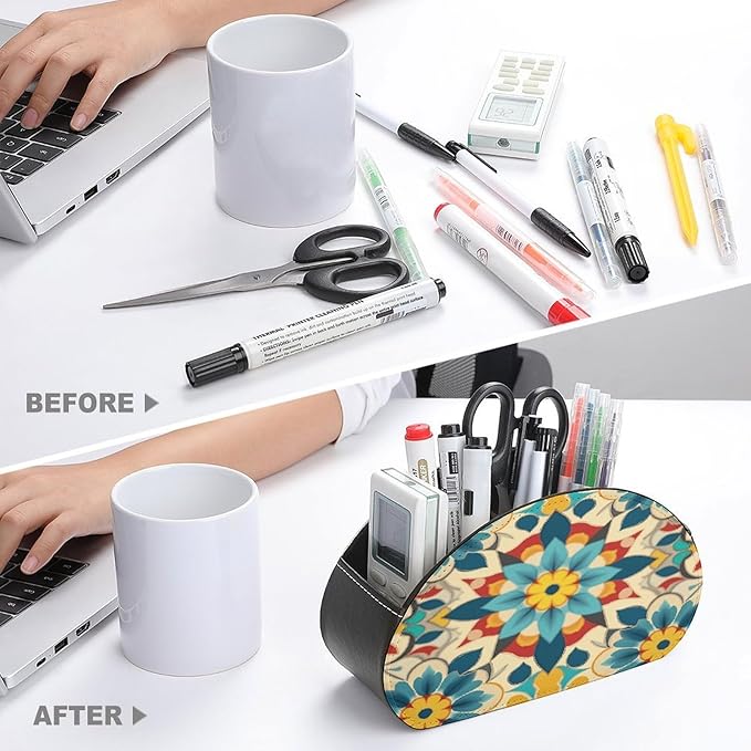Colorful Arabic Editable File Yellow Remote Control Holder Organizer Box with 5 Compartment PU Leather Bedside Storage Caddy Remote Organizer for Controller Media Player Pen/Pencil Storage