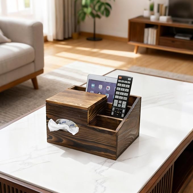 MyGift Deluxe Burnt Wood Remote Control Caddy with Tissue Box Cover – Multi-Compartment Organizer for TV Remotes, Phone, Tablets and Living Room Essentials