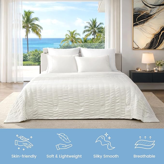 Cozy Bliss Vertical Striped Seersucker Cooling Comforter Queen Size, Lightweight Airflow Silky Cooling Bedding with Q-Max>0.45 for Bedroom, Home Decor, Hot Sleepers & Night Sweats, White 90"x90"