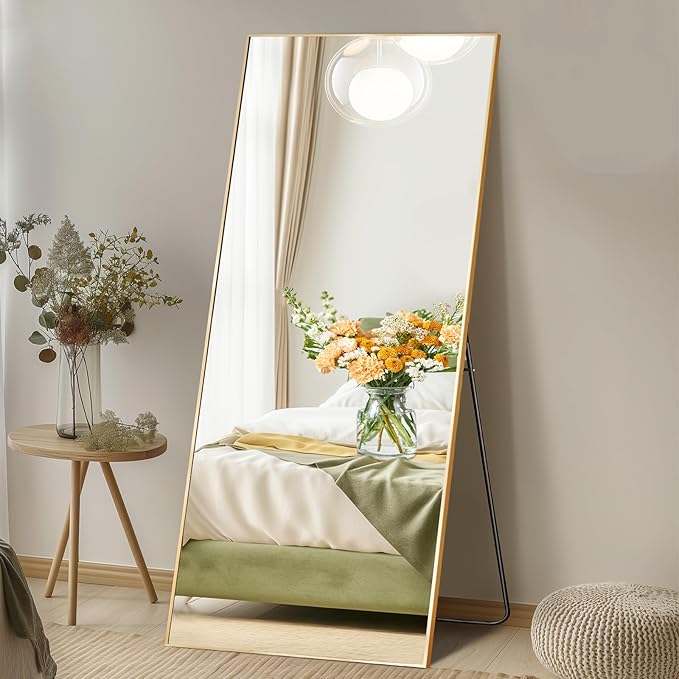 Mirror Full Length, Upgraded Body Wall Mirrors with Shatter-Proof Glass, Floor Standing, Hanging or Leaning, Tall Mirror with Stand Aluminum Alloy Frame for Bedroom
