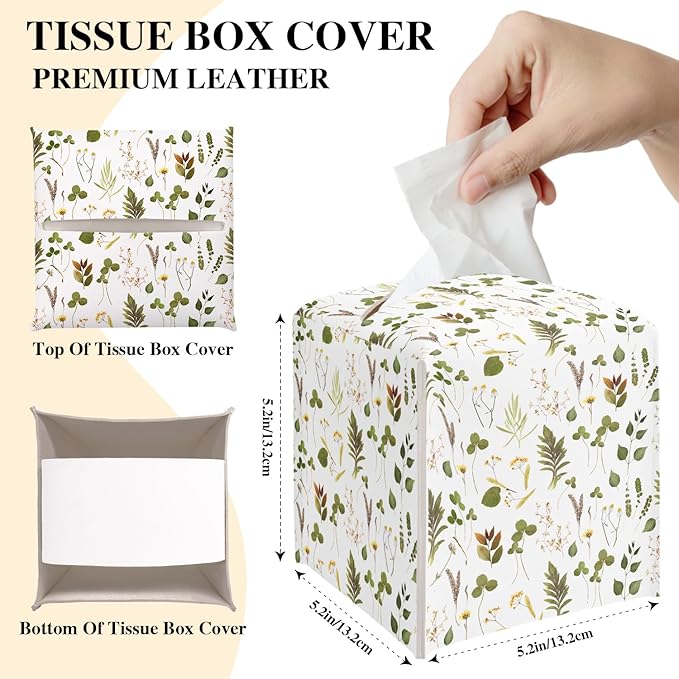 Leaves Tissue Box Cover, Green Tissue Holder Square with Bottom Belt for Home Bathroom Office Vanity Countertop, Housewarming Gifts Ideas for Women Friends Mom Bestie -03