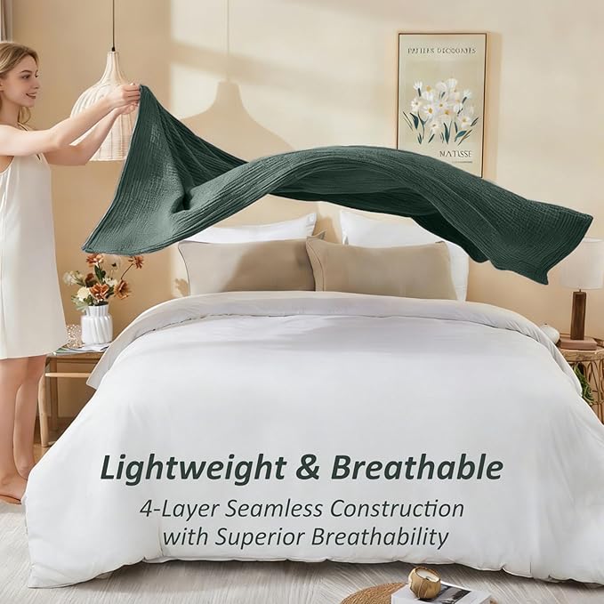 EMME Cotton Muslin Queen Blanket Bed Layering Bedspread Coverlet Breathable Gauze Soft Lightweight Blankets (Heather Forest Green, 90"x90")