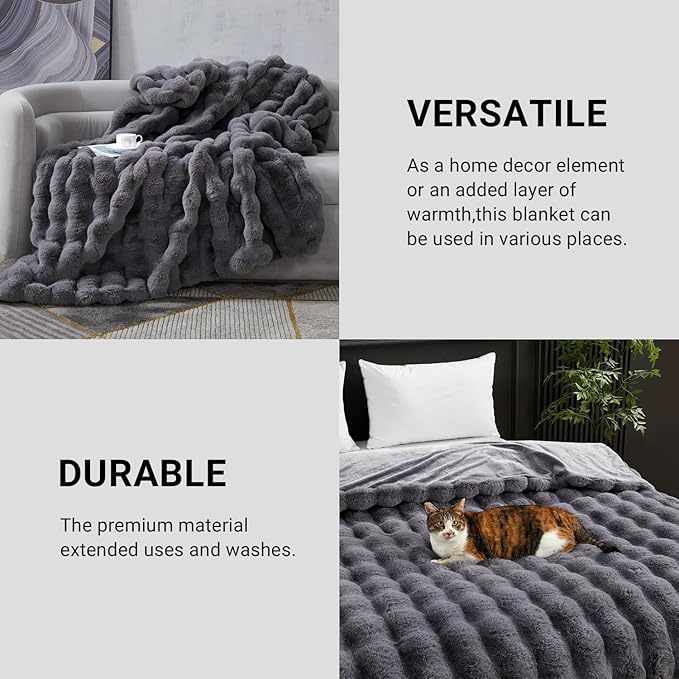 SAPHREAS Faux Fur Throw Blanket for Couch, Fluffy Fuzzy Bubble Blanket for Sofa Bed Living Room, Grey Decor Soft Cozy Gifts for Women Men, 50x60” Gray