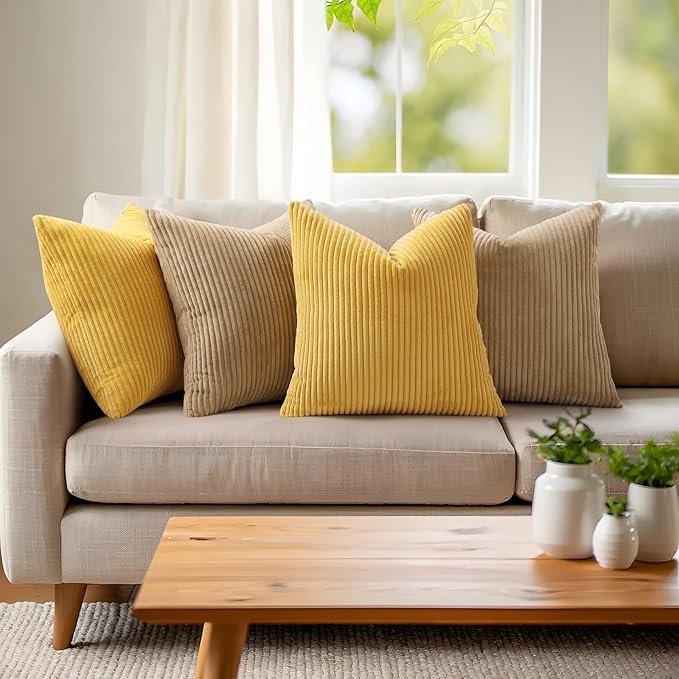Mecatny Corduroy Decorative Throw Pillow Covers 16x16 Set of 2 for Sofa Living Room, Soft Neutral Boho Couch Pillow Covers for Home Decor, Mustard Yellow