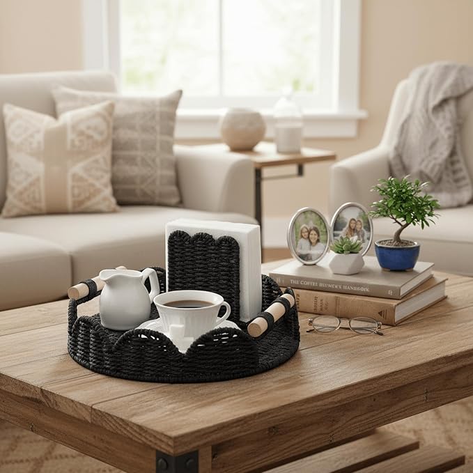 CubesLand Round Scalloped Decorative Centerpiece Tray for Coffee Table, Home Decor, Living Room - Black Tray w/Wooden Handle – Warm and Elegant for Holidays, Housewarmings - Candle Plate Holder