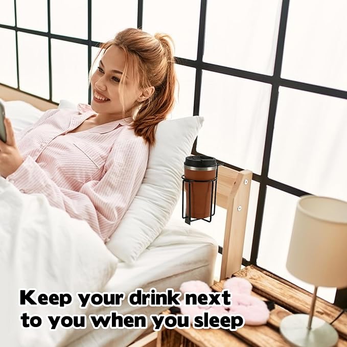 2 Pcs Cup Holder for Bed, 3.3" Diameter Metal Bedside Drink Holder Water Bottle Organizer for Car Dormitory Bunk Bed Office Desk Partition, Black