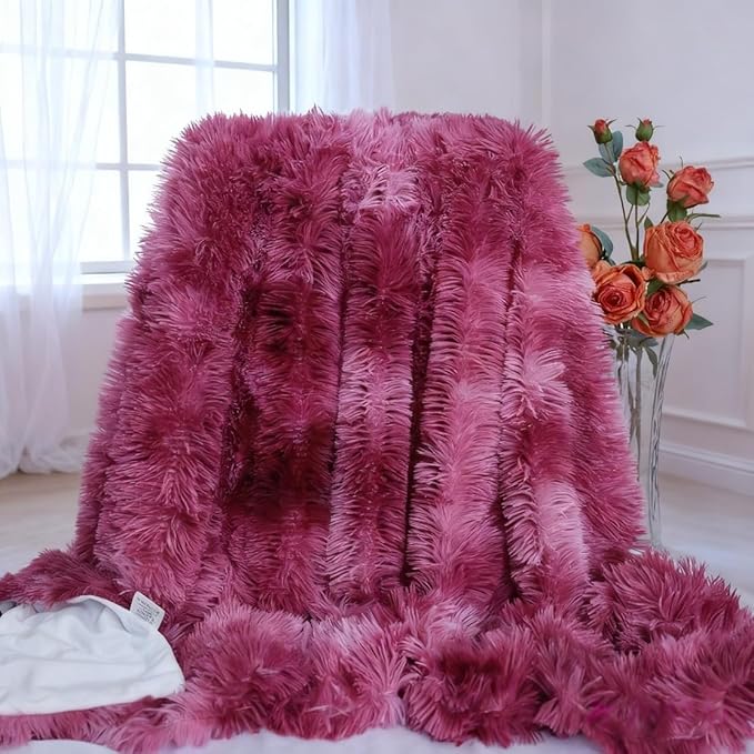 Plush Super Soft Blanket Bedding Sofa Cover Furry Fuzzy Fur Warm Throw Qulit Cozy Couch Blanket for Winter (Tie Dye Burgundy,63x79 Inches)