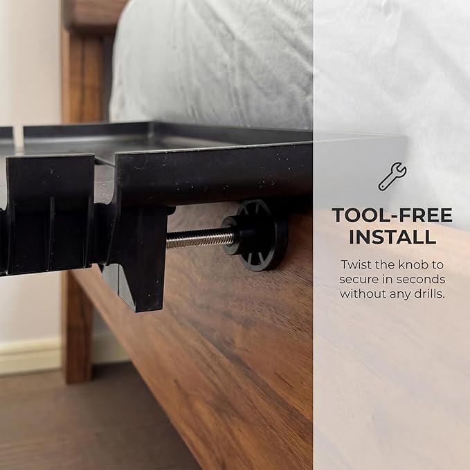 Bedside Shelf for Bunk Bed & College Dorm, Clamp-on Bed Shelfie with Hidden Storage Box & Cable Management, Large Bedside Tray for Rails up to 2.9", Space Saving Floating Nightstand, Black