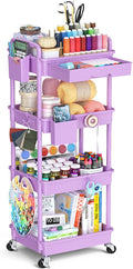 4 Tier Rolling Cart Organizer with Drawer, Bathroom Storage Carts with Wheels & Plastic Shelf, Mobile Storage Organizers for Kitchen, Office, Laundry Room, Baby, Snack, Craft, Makeup, Purple