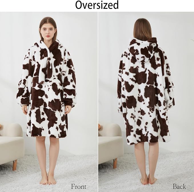 Softan Blanket Hoodie, Oversized Fleece Wearable Blankets for Women and Men Gifts, Cozy Warm and Soft Sweatshirt Blanket with Large Pocket, Brown Cow Print