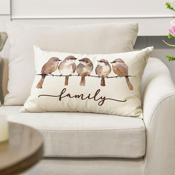AVOIN colorlife Home Sweet Home Brownbird Family Watercolor Throw Pillow Cover, 12 x 20 Inch Fall Brown Cushion Case Decoration for Sofa Couch