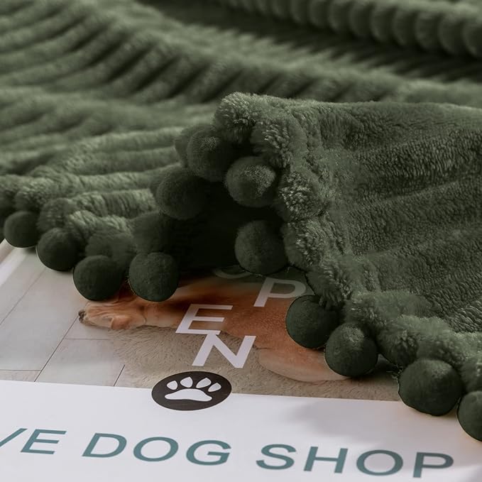 DISSA Fleece Blanket Throw Size – 51x63, Olive Green – Soft, Plush, Fluffy, Fuzzy, Warm, Cozy – Perfect Throw for Couch, Bed, Sofa - with Pompom Fringe - Flannel Blanket Throw Blanket