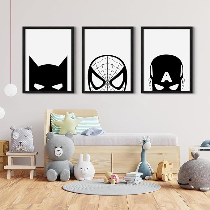 Superhero Spiderman Canvas Wall Art Black And White Wall Art Superhero Posters Spiderman Pictures Painting Wall Decor Superhero Poster for Living Room Bedroom 12x16 Inch Black Framed Set of 3