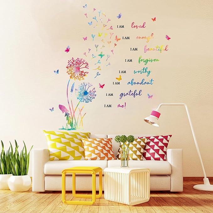 HLNIUC Dandelion Inspirational Saying Wall Sticker 75PCS Butterfly Positive Affirmation Wall Decal Flora Motivational Quotes Peel and Stick Wall Stickers Flower Inspiring Wall Decals for Girl Bedroom