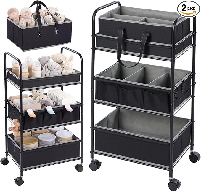 Honeydak 2in1 Baby Diaper Caddy Organizer Cart 3 Tier Large Capacity Metal Utility Bedside Rolling Cart with Divider for Newborn Nursery Essential Must Have for Crib Bedroom Baby Shower(Black)