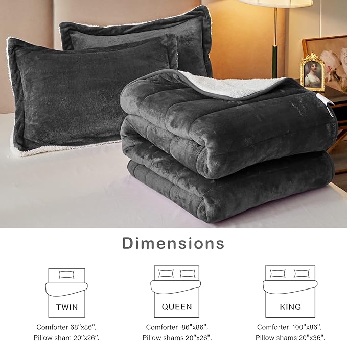 3-Layer Luxury Flannel Fleece Thick Bed Blanket Twin Size, Soft Plush Velvet Sherpa Blanket with 2 Pillow Shams Heavy Warm for Winter, Breathable n Washable, Dark Gray