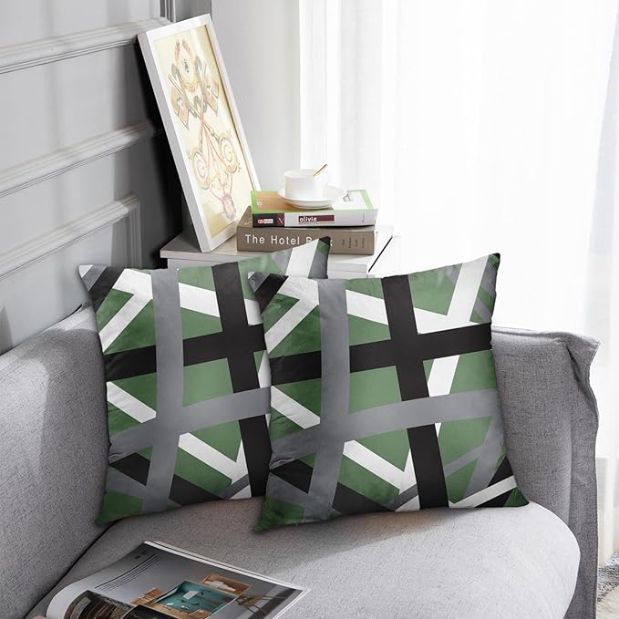 Emvency Set of 2 Throw Pillow Cover Sage Green Black Stripes Grey White Design Retro Decorative Pillow Case Striped Home Decor Square 18x18 Inch Cushion Pillowcase