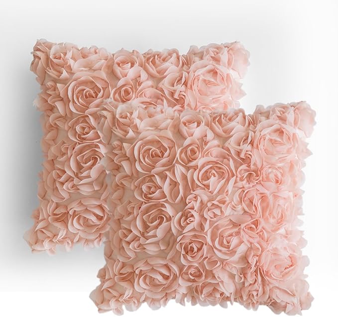 MIULEE 3D Rose Flower Pillow Covers Pack of 2 Decorative Spring Floral Romantic Stereo Chiffon Aesthetic Solid Pillowcase for Girl Bedroom Living Room Decor 18x18 Inch Peach Pink