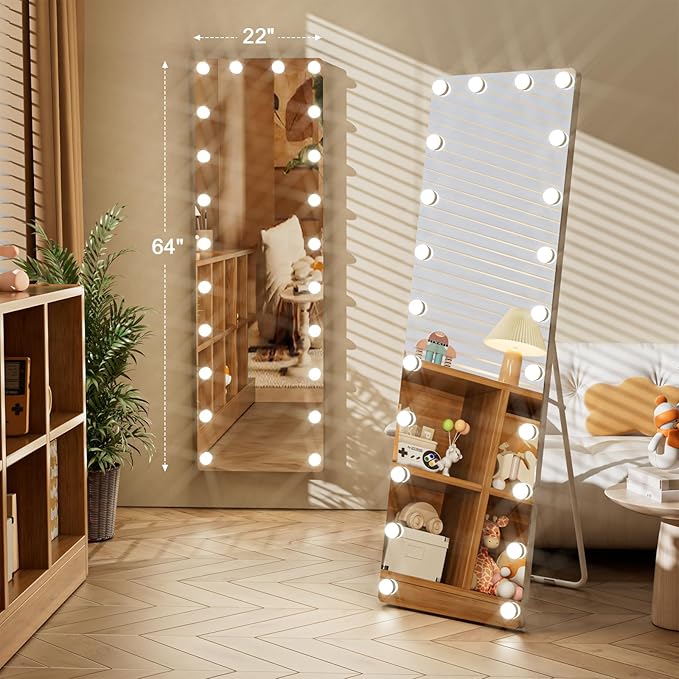 Kosmonia 64x22 Hollywood Full Length Mirror with Light, 22 Dimmable Bulbs & 3 Color Smart Touch Control, Distortion Free, Tempered Glass & Shatter Proof Film, Safe Full Body Mirrors with Stand